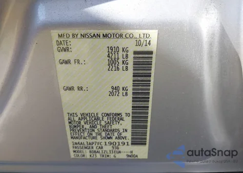 2015 Nissan Altima 2.5 Sv from USA, damaged, VIN 1N4AL3AP7FC190191